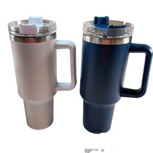 40oz Insulated Tumblers With Handle Straw Travel Cup White Blue Set Of 2 NEW